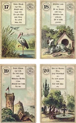 Tysk utgåva av den franska Lenormand-kartomantikleken: Storken, Hunden, Tornet, Trädgården, utgiven av Dondorf, Frankfurt, 1800-talet