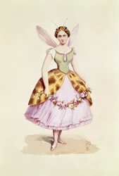 Flickan i en bidräkt, Bonaparte-emblemet, som burits på en fest för finklänningar som Napoleon III och kejsarinnan Eugenie gav den 9 februari 1863 (wc på papper)