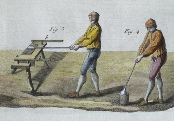 Glasblåsning, detalj, illustration från Encyclopedie des Sciences et Metiers av Denis Diderot (1713-84) graverad av Robert Benard (fl.1734) publicerad ca 1770 (färgstick) (se även 326118)