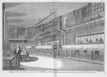 Gobelin workshops, från Encyclopedia av Denis Diderot (1713-84), graverad av Robert Benard (f.1734), publicerad ca 1770