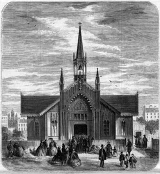 Gotisk arkitektur: utsikt över fasaden av kyrkan Sainte Marie des Champs, Paris