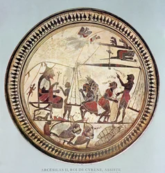 Grekisk bägare föreställande Arcesilas II, kung av Cyrene (ca 560-550 f.Kr.) som tittar på vägningen och lastningen av silphium, kopia av ett original från 600-talet f.Kr.