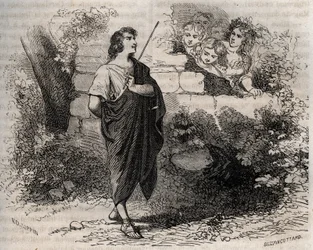 Grekisk mytologi: Bacchis och hans vänner försöker förföra Gyges som vägrar och förblir trogen sin avlidna fru. Gravyr från 1871 i "Histoire Des Cocuses Celebres"" av Henry de Kock (1819-1892).