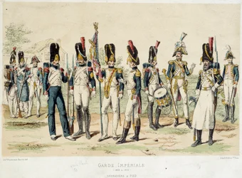 Grenadiers en fot av Napoleon I:s kejserliga garde (mellan 1804 och 1814). 1800-talsgravyr. Paris, Dekorativ konst