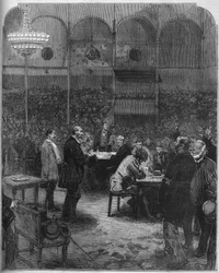 Greve des cochers de charres de Paris 1878: val av delegater till företaget Petites Cars (Petite-Cars) i Fernando-cirkusen. Gravyr i "" Le Monde Illustré"" nr 1116 av 17 augusti 1878.