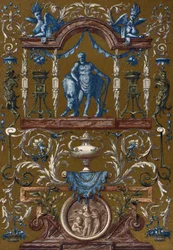 Grotesque, av Jean Berain den äldre (1640-1711), Gravyr från Dictionary of Furnishing and Decoration, Vol II, av Henry Havard