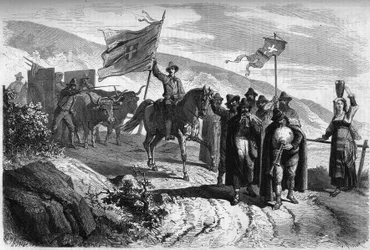 Grupp "Pifferari" (tiggare och vandrande musiker från Italien) som lämnar provinsen Abbruzzo till Neapel med anledning av Stilla veckan. Gravyr i "" Le Monde Illustré"" nr 364 den 2 april