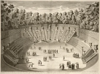 Grove of the Salle du Bal, Versailles, från Planer, Profiles and Elevations of the Towns and Palaces of Versailles, graverad av Lucas, publicerad c.1715