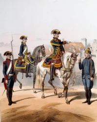 Vakter av staden Paris (gångvakt, hästvakt, väktare, pumpvakt). Gravyr av 1800-talet. Paris, Musee de la Prefecture