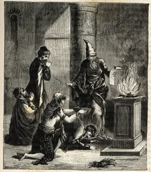 Guebres (eller zoroastrisk) - Elddyrkare - - Gravyr i "Sciences à la potee de tous - physics et chimie populaire" av Alexis Clerc. Sent 1800-tal. Privat samling.