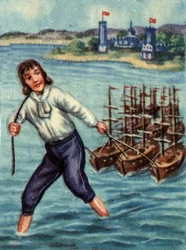 Gulliver skjuter fiendens fartyg mot Lilliputs hamn. Illustration till berättelsen "" Gullivers resa "" av Jonathan Swift (1667 - 1745).