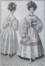 Frisyr med en krans av vilda blommor, Paris, 1829 (färggravyr)