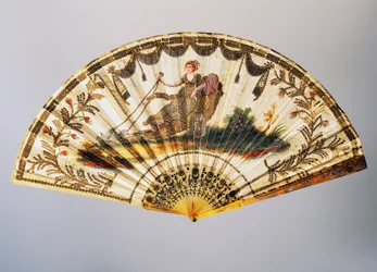 Handfläkt med Venus på sin vagn, målat sidenblad