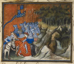 Harley 1319 f. 5, Kung Richard II riddar Henrik av Monmouth under den irländska kampanjen, från Book of the Capture and Death of King Richard II (vellum)