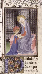 Harley 2897, f.340v: St. Anne som undervisar Jungfrun, skriven och upplyst i Paris (vellum)