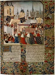 Harley 4379 f.3 Drottning Isabellas, främmande gemål till Edward II (1284-1327) inträde i Paris 1325, avrättad av Jean Froissart (c.1333-c.1404) för historikern Philippe de Comines (1445-1509) ( veläng)