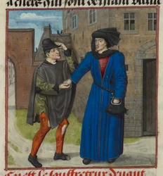 Harley 4425 f.47v Detalj av en miniatyr av en lidande som får pengar av sin sanna vän, från Roman de la Rose, ca 1490-1500 (vellum)