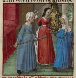 Harley 4425 fol.81v Miniature of Beaute (skönhet) och Laideur (fulhet) kämpar mot Chastete (Kyskhet) från Roman de la Rose, c.1490-1500 (vellum)