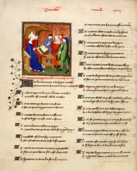 Harley 4431 volym II, f.259v Miniatyr av en kvinna som läser moraliska ordspråk i början av 