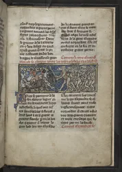 Harley MS 4979 f.72r Alexander som bekämpar män med hästhuvuden, från 