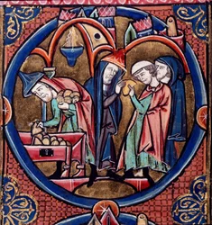 Harley Ms.1526 fol.27 Menelaos levererar tributpengarna till Antiochus, kung av Syrien, och säkrar översteprästadömet åt sig själv med mutan, sent 1200-tal (vellum)