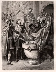 Harold II (1020-1066) sista anglosaxiska kungkronan 1064, svurit in på heliga reliker inför Vilhelm I Erövraren för att stödja hans sak vid Englands tron vid biktfadern Edwards död, omkring 1064 (Harold svär en ed på heliga reliker (