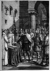 Harold, kung av engelsmännen, svär troskap till Guillaume, hertig av Normandie (William I) - Harold II (1020-1066) sista anglosaxiska kungakronan 1064, och avlade ed på de heliga relikerna inför Vilhelm I Erövraren att stödja hans sak kl. Englands tron
