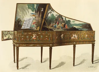 Cembalo dekorerad med grotesker, illustration från Dictionary of Furniture and Decoration, av Henry Havard, Volym I