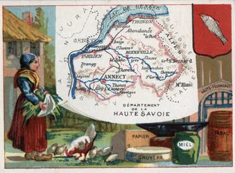 Haute Savoie (Haute-Savoie, 74), Rhône-Alpes (Rhône-Alpes), Frankrike. Lokal specialitet: papper, gruyere, honung, tobak och masugnar. Serie om de franska departementen. Chromolithography (Chromo) "" den geografiska tråden"", ca 1920. Privat samling