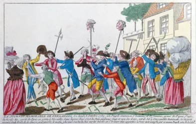 Cheferna för två av kungens vakter dödade den 5 oktober 1789 i Versailles av den parisiska pöbeln bärs i triumf till Paris