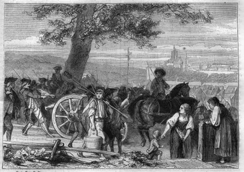 Helvetiska republiken, upproret av bönderna i Oberland: marschen mot Bern (Schweiz) i november 1802 - Gravyr från 1865 i "Histoire du Consulate et de l