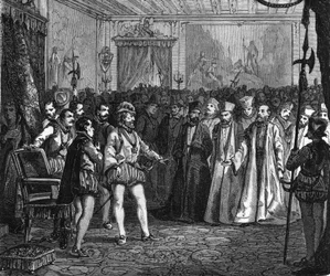 Henri IV inför församlingen av notabiliteter i Rouen. I "" Histoire Populaire de la France"", sd. ca 1885. Gravyr.
