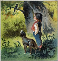 Henri observerar en koltrast på en gren i skogen och återgår till sitt liv om han var en fågel. Kromolitografi från "" Childhood Scenes"" ed. Guerin - Muller cirka 1885.