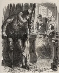 Henry (Henry) Stuart dit Lord Darnley (1545-1567) överraskade sin fru, drottning Mary (Mary) Iere Stuart (1542-1587), med sin privatsekreterare, David Rizzio (d. 1566). Gravyr från 1871 i "Histoire Des Cocuses Celebres"" av Henry de Kock (1819-1892).