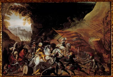 Henrik IV (1589-1610) lastade i spetsen för sitt kavalleri. Anonym fransk målning från 1600-talet. Olja på trä. Mått: 0,35 X 0,52 m. Pau, Musée du Chateau