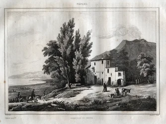 Eremitaget av Mount Vesuvius - ERMITAGE DU VESUVE NAPLES ITALIEN - Vesuvio Gravyr från "" Pittoreska Italien" - Historisk och beskrivande målning av Italien" av M. de Norvins, Ch. Nodier 1834-1836.