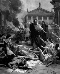 Hippokrates (på grekiska Hippokrates) Den grekiska läkaren (460 till 380 f.Kr.) anländer till Athens decima pesten genom att tända stora eldar.