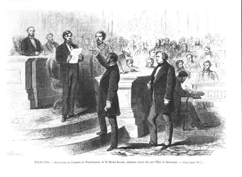 Hiram Revels, den första svarta senatorn från delstaten Mississippi, avlägger eden i kongressen i Washington