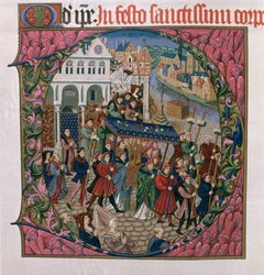 Historikert initial D som visar en religiös procession på Place de Greve, Paris på 1400-talet (faksimilupplaga av Missel de Jouvenel des Ursins)