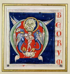 Historikert initial "M" som föreställer en man som spelar en rebeck och fantastiska djur, från Bibeln från Saint-Andre aux-Bois