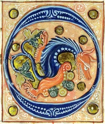 Historikert initial O som föreställer en griffin