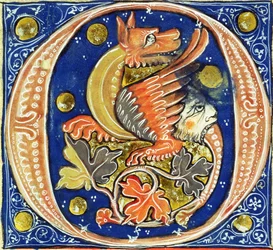 Historikert initial O som föreställer en bevingad griffin
