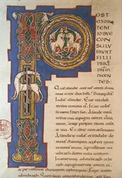 Historikert initial "P" som visar ett sammanflätade mönster och fantastiska djur, från en latinsk bibel av Limoges ursprung, ca. 1125 (vellum)
