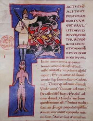 Historikerad initial "P" som visar Sauls död, från en latinsk bibel