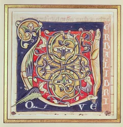 Historikert initial U som visar ett sammanflätat mönster och fantastiska djur, från Bibeln från Saint-Andre aux-Bois