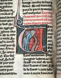 Historisk initial föreställande en man som kräks (vellum)
