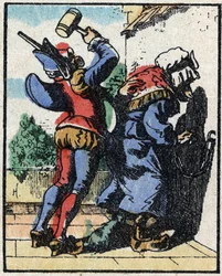 Historia om Dr. Pulcinella (Polichinelle). Trästick av Imaging Pellerin - Epinal, sd. Sent 1800-tal.