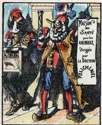 Historia om Dr. Pulcinella (Polichinelle). Trästick av Imaging Pellerin - Epinal, sd. Sent 1800-tal.