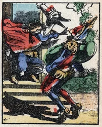 Historia om Dr. Pulcinella (Polichinelle). Trästick av Imaging Pellerin - Epinal, sd. Sent 1800-tal.