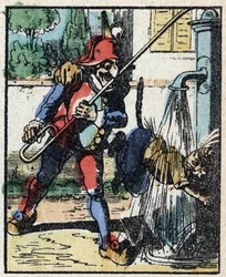 Historia om Dr. Pulcinella (Polichinelle). Trästick av Imaging Pellerin - Epinal, sd. Sent 1800-tal.